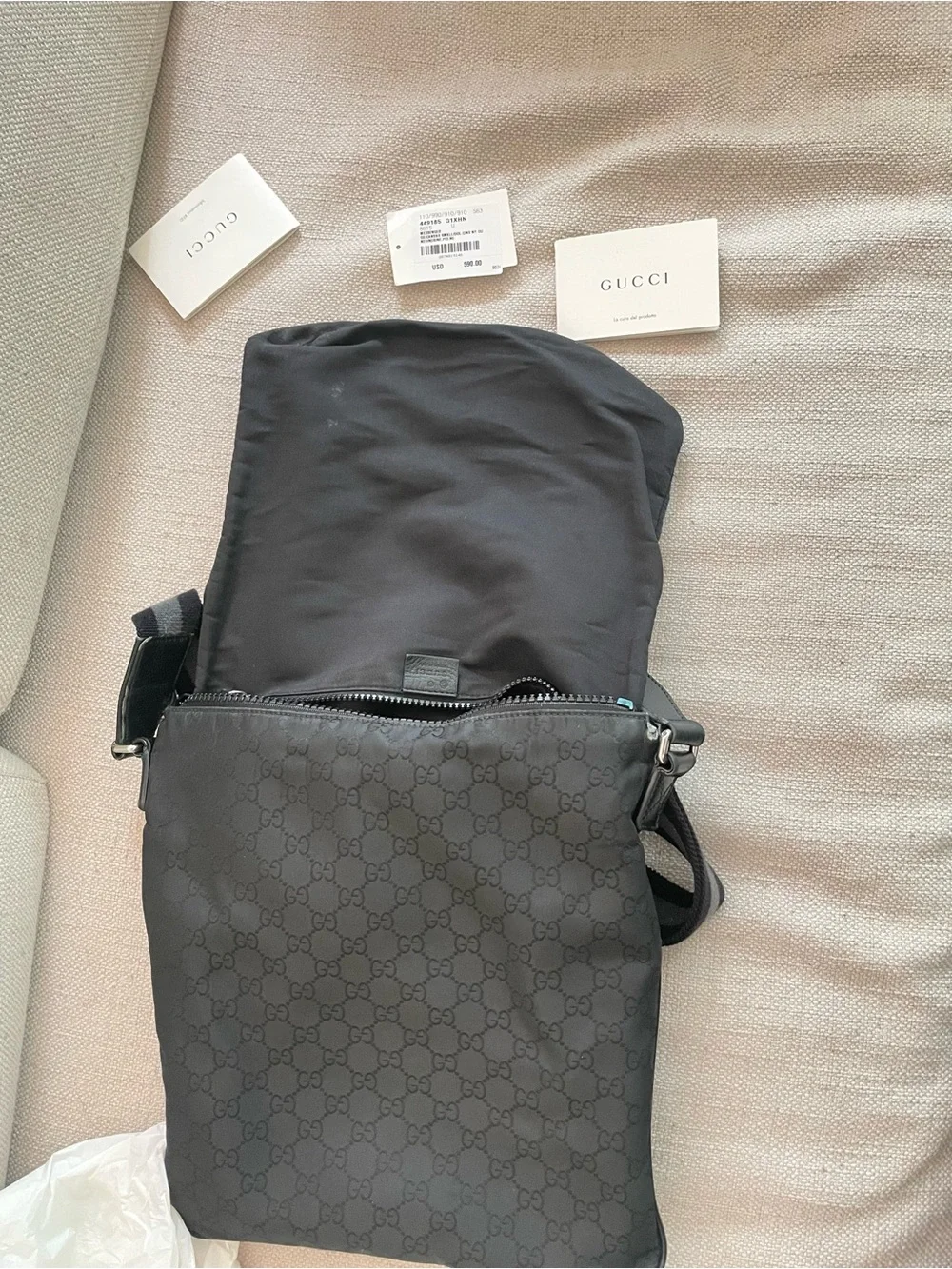 Gucci Black Monogram Crossbody Messenger Bag with Striped Strap